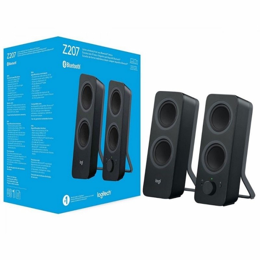 Altavoces estéreo Logitech Z207 con su diseño compacto, audio pleno y envolvente, encajan fácilmente en el espacio de tu escritorio.