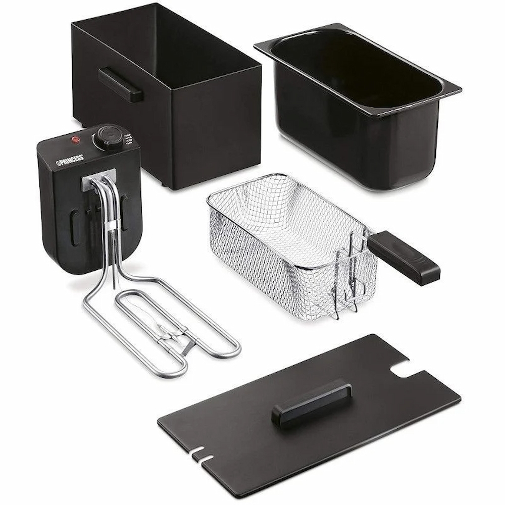 La lujosa freidora de aceite Princess 182727 cuenta con una elegante carcasa negra que permite que se pueda poner en cualquier espacio interior.