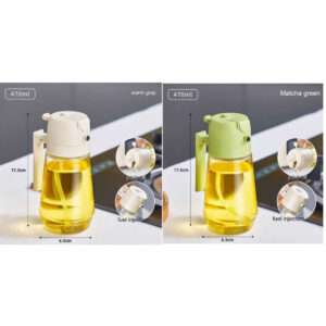 El pulverizador aceite y vinagre de 470 ml. destaca por su ingenioso diseño que combina dos funcionalidades en un único dispositivo.